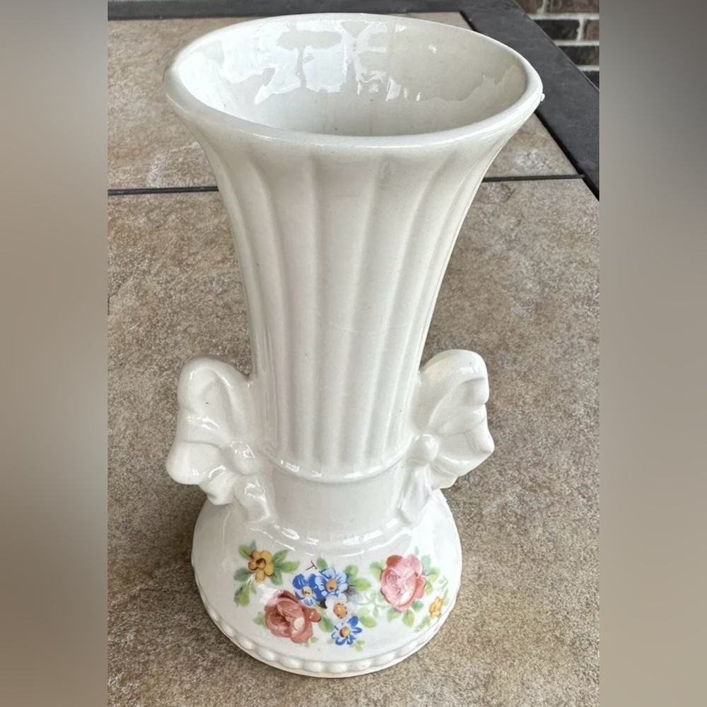 Vintage Transferware Floral‎ Vase with Bows, Porcelain Decor